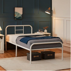 Yaheetech Metal Bed 90 x 200 cm Bed Frame with Slatted Frame Bed Frame with Headboard Single Bed Guest Bed for Bedroom Guest Room White