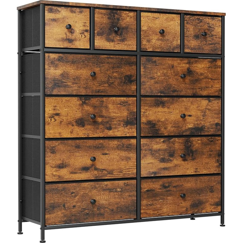 Clevich Fabric Chest of Drawers, Dressing Table Cabinet, Storage Cabinet, 12 Fabric Drawers, Metal Frame, Industrial Style, for Living Room, Hallway, Bedroom (Retro Brown+Black)