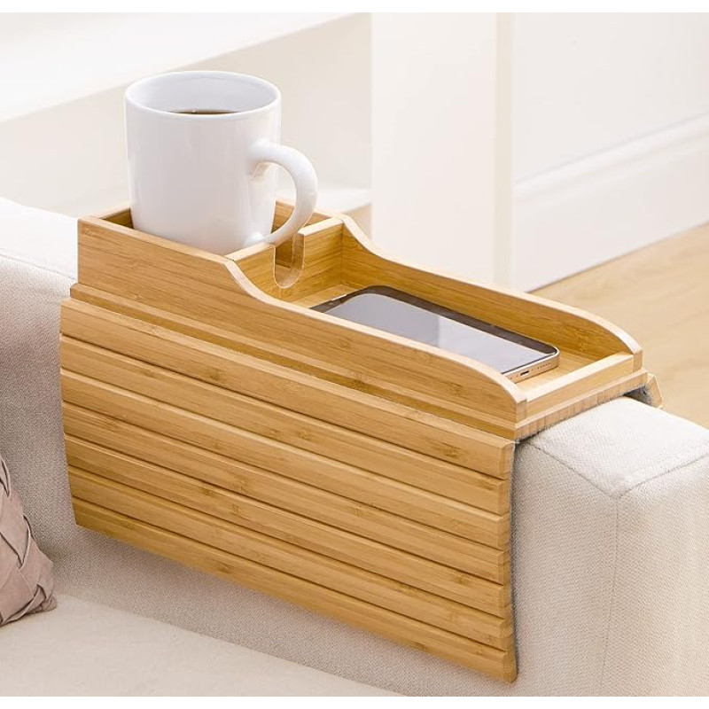 GEHE Couch Cup Holder, Anti-Falling Couch Drink Holder, Natural Bamboo Sofa Drink Holder, Armrest Tray, Portable Couch Arm Tray, Table for Remote Control/Snacks/Phone/Drinks/Cup