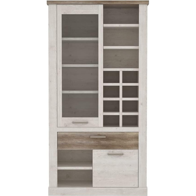 FORTE DURO Display Cabinet with 1 Door, 1 Glass Door and 1 Drawer, Composite Wood, Pnie White/Antique Oak, 109.8 x 212 x 41.3 cm