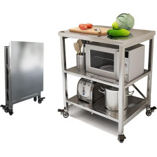 AMSXNOO Stainless Steel Serving Trolley, 3 Levels, Foldable Serving Trolley, Stainless Steel Trolley, Kitchen Table with 4 Wheels, Stainless Steel Tisc, Food Preparation Table, Microwave Holder