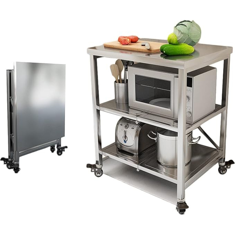 AMSXNOO Stainless Steel Serving Trolley, 3 Levels, Foldable Serving Trolley, Stainless Steel Trolley, Kitchen Table with 4 Wheels, Stainless Steel Tisc, Food Preparation Table, Microwave Holder