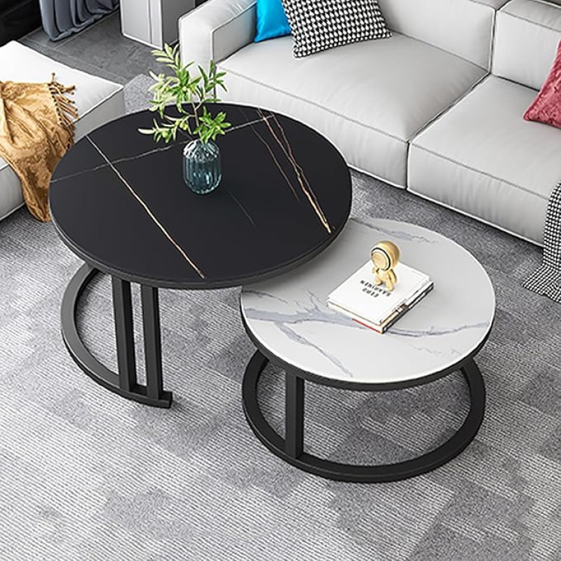 Round Marble Coffee Table Set of 2 Modern Nesting Tables for Living Room and Home Office Stylish Side Tables for Small Spaces Elegant Round Design