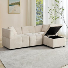 Merax Sofa 3 Seater Corner Sofa with Storage Space, Removable Footstool and 2 Cushions, Chenille Fabric, Premium Comfort - Modern L-Shaped Couch for Living Room/Bedroom/Office, Beige