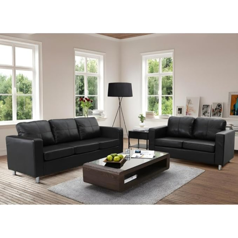 Vente-unique - Ackley 3+2 Couch Set - Faux Leather - Black