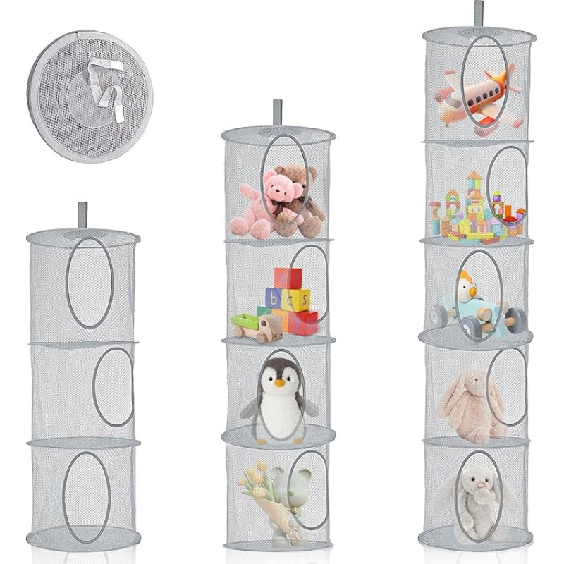 Hanging Mesh Storage Basket, Hanging Teddy Net Soft Toy Storage Organiser, Foldable Teddy Net for Cuddly Toys, Clothes, Sundries, Grey, Pack of 3