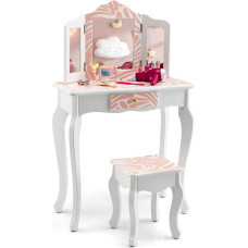 GOPLUS Children's Dressing Table with Mirror, Removable Plate, Children's Dressing Table with Drawer & Stool, Cosmetic Table for Girls (Pink Zebra)