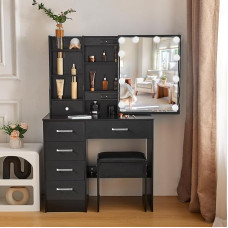 Buildonely Dressing Table with Lighting, 3 Colour Temperatures and Adjustable Brightness, Dressing Table with Mirror and Stool, Cosmetic Table with 4 Shelves, 6 Drawers, Black, 36 x 80 x 131 cm