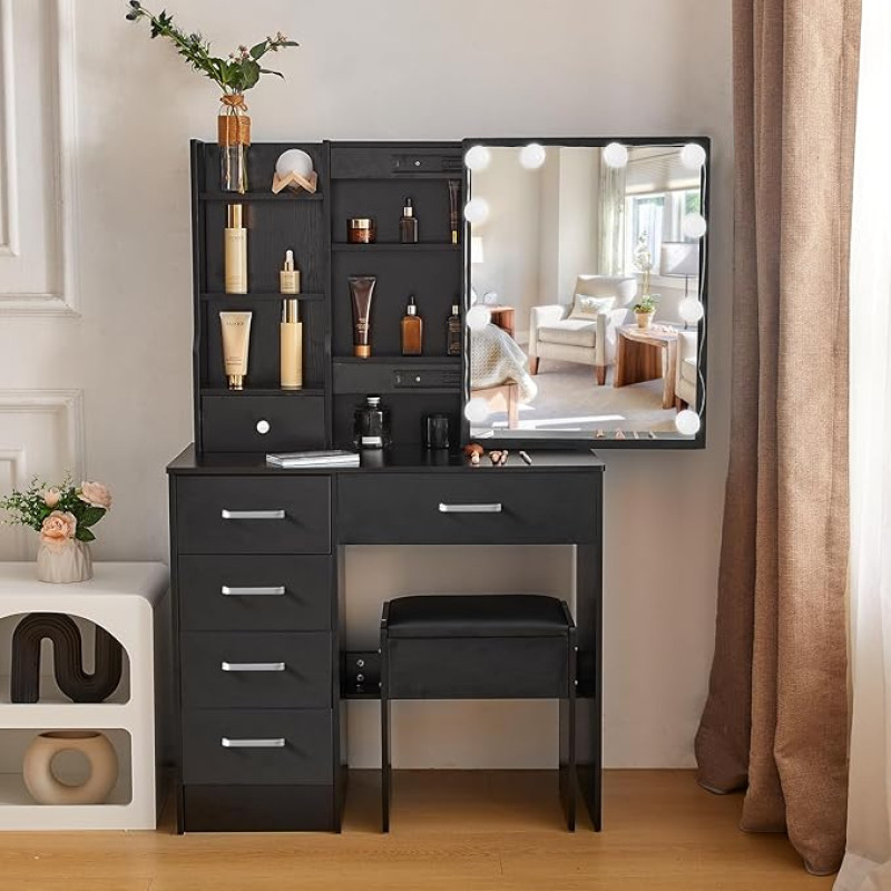 Buildonely Dressing Table with Lighting, 3 Colour Temperatures and Adjustable Brightness, Dressing Table with Mirror and Stool, Cosmetic Table with 4 Shelves, 6 Drawers, Black, 36 x 80 x 131 cm