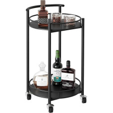 Serving Trolley, 2 Tier Kitchen Trolley, 2 Tier Round Bar Cart Drinks Trolley, Kitchen Shelf on Wheels, Storage Trolley with Adjustable Wheels, Metal, 42 x 42 x 78 cm, Black