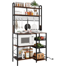 IZLIF Baker's Rack with Socket, Coffee Bar with Wire Basket, Kitchen and Microwave Stand with S-shaped Hooks, Open Storage Shelves
