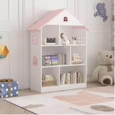 [en.casa] Vipsali Children's Storage Shelf with 6 Compartments, Toy Shelf, 107 x 83 x 30 cm, Children's Bookcase, Standing Shelf, House Shape, Children's Room Shelf, MDF White/Pink