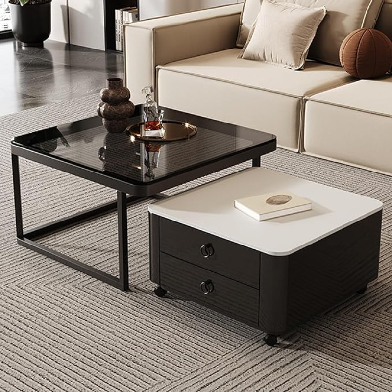 Nesting Coffee Table With 360° Silent Universal Wheels Double Layer Drawer Design Can Be Extended and Retracted at Will Square Side Tables