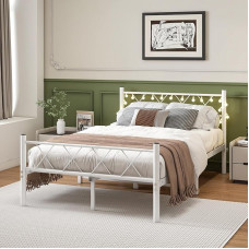HOJINLINERO Bed Frame 120 x 200 cm with Lighting, Bed 120 x 200 cm with Slatted Frame, Metal Bed Frame, Double Bed, Guest Bed, Youth Bed with Storage Space under the Bed for Bedroom, White