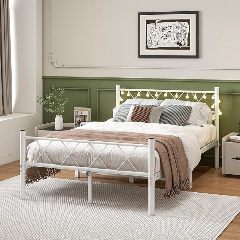 HOJINLINERO Bed Frame 120 x 200 cm with Lighting, Bed 120 x 200 cm with Slatted Frame, Metal Bed Frame, Double Bed, Guest Bed, Youth Bed with Storage Space under the Bed for Bedroom, White