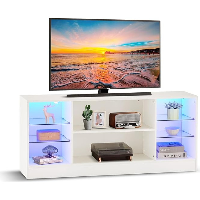 CLIPOP Lowboard High Gloss White TV Cabinet with LED Lighting TV Cabinet TV Table with Glass Shelf Living Room Furniture Table Board, 130 x 34 x 57 cm