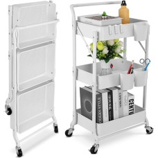 johgee Foldable 3 Tier Metal Rolling Cart Folding Mobile Multifunctional Storage Cart for Home Library Office (Foldable, White)
