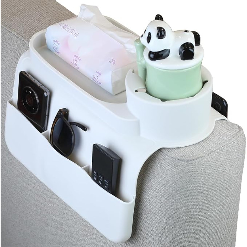 Silikon-Sofa-Getränkehalter-Tablett, Rutschfester und spritzwassergeschützter Sofa-Armlehnen-Getränkehalter mit Taschen an 2 Seiten, multifunktionales Sofa-Armlehnen-Aufbewahrungsregal (weiß)