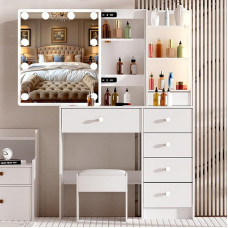 Aovquof Dressing Table with LED Lighting, Dressing Table with Mirror for Make-up, Cosmetic Table with Mirror, 3 Colours with Adjustable Brightness, White M41