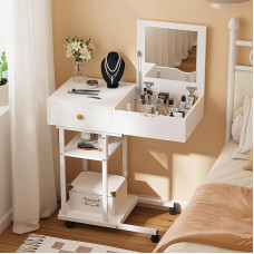 Ulifance Movable Dressing Table for Small Spaces, Dressing Table with Mirror with Drawers and Shelves, Makeup Vanity Computer Desk for Bedroom
