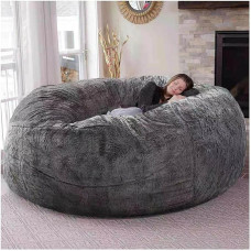 Giant Fur Bean Bag for Living Room Furniture for Adults, Large Round Soft Fluffy Faux Fur Bean Bag (No Padding), Lazy Sofa Bed Cover,Grau5ft