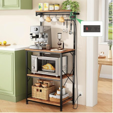Kitchen Baker's Rack with Socket, 10 Hooks, 4 Tiers, Coffee Bar Station, Cabinet, Microwave Stand with Storage, Rustic Brown, 55 x 36 x 120 cm