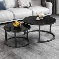 Modern Round Coffee Table, Set of 2, Nesting Tables with Tempered Glass Top and Metal Frame Legs for Living Room and Dining Room, Stylish White Design, 70cm and 50cm Sizes