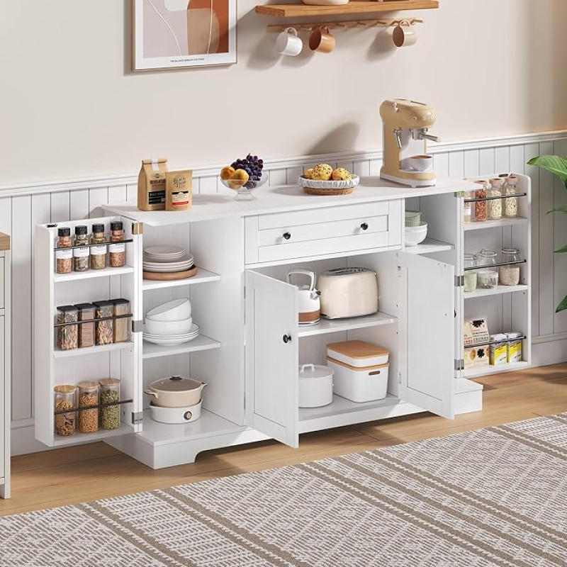 DRIXNO Multifunctional Kitchen Buffet - 138 cm Sideboard with Drawer, Shelf Doors & Adjustable Shelves - with Tilt Protection, Kitchen, Living Room & Bedroom, White