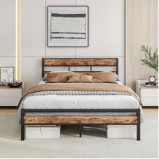 HOJINLINERO Double Bed Frame with Wooden Headboard, Heavy Duty Metal Platform Bed Frame for Double Bed, Steel Slatted Base, Under Bed Storage, Double, Black + Rustic Brown