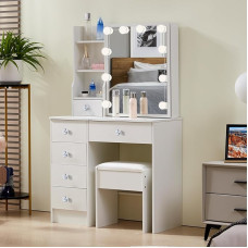 Teousev J4739 Dressing Table with Lighting and Mirror, Adjustable Brightness, Dressing Table with Stool, Cosmetic Table with 6 Drawers and 6 Shelves, 80 x 36 x 131 cm, White