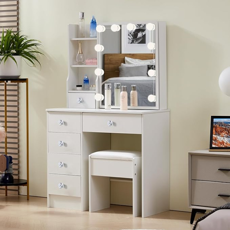 Teousev J4739 Dressing Table with Lighting and Mirror, Adjustable Brightness, Dressing Table with Stool, Cosmetic Table with 6 Drawers and 6 Shelves, 80 x 36 x 131 cm, White