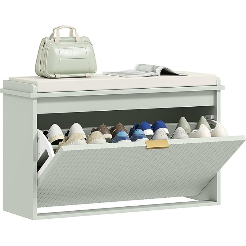 HOMCOM Shoe Bench with Padded Seat Cushion and Folding Drawer Shoe Cabinet Holds up to 120 kg for Hallway, Entrance Area and Porch, 80 x 26 x 47.5 cm, Green