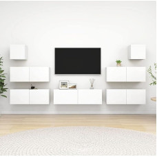 Homgoday TV-Möbel-Set, 7-teilig, weiß, aus Spanplatte, TV-Schrank, niedriger TV-Schrank, Couchtisch, Wohnzimmer-TV-Halterung für Wohnzimmer