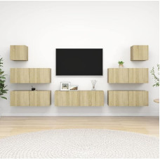 Homgoday TV Furniture Set 7 Pieces Sonoma Oak Chipboard TV Cabinet Low TV Cabinet Coffee Table TV Stand for Living Room