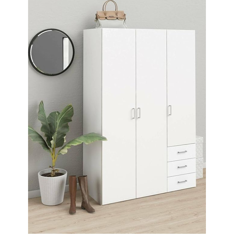 Dmora - Wardrobe with 3 double doors and three drawers, colour: white, dimensions: 115 x 175 x 49 cm