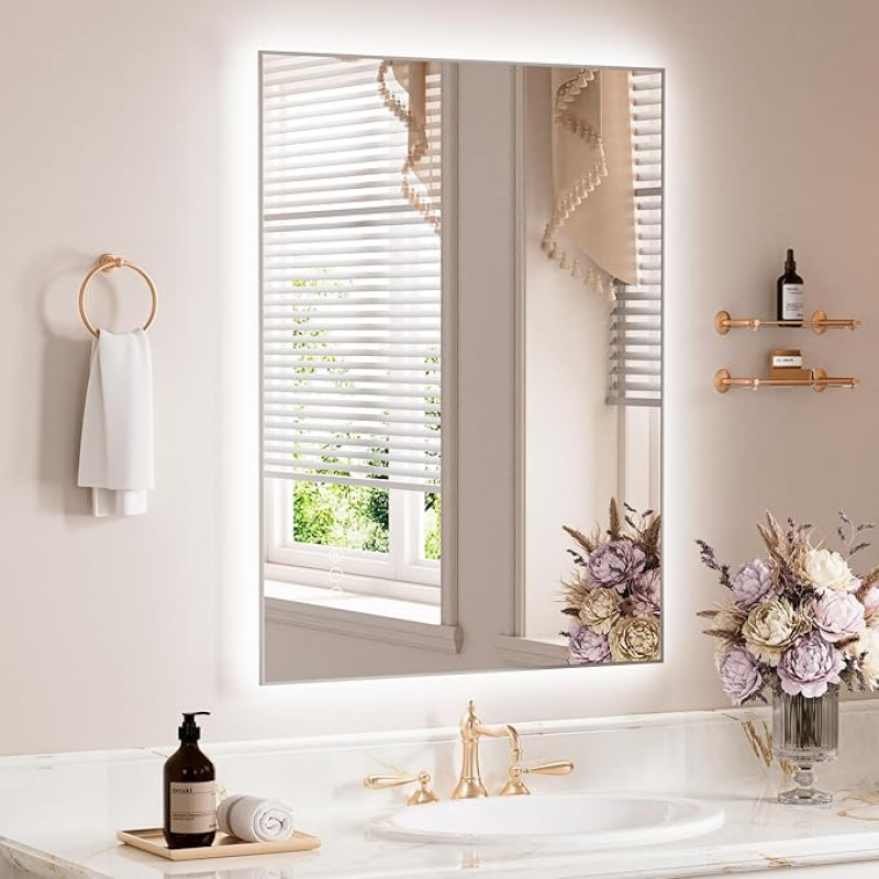 WEER LED Bathroom Mirror with Backlight Illuminated Wall Mirror with Silver Metal Frame, 60 x 80 cm Lighted Vanity Mirror, Anti-Fog, Continuously Dimmable, 3 Colours, IP44