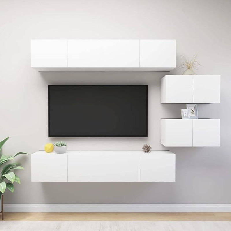 Homgoday TV-Möbel-Set, 6 Stück, weiß, aus Spanplatte, TV-Schrank, niedriger TV-Schrank, Couchtisch, TV-Ständer für TV, Wohnzimmer, Möbel