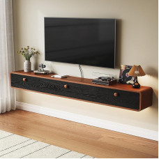 FurniNova Minimalistischer schwebender TV-Ständer mit 3 Türen, Wandmontage, TV-Konsole, schwimmendes Unterhaltungszentrum mit verstecktem Stauraum, geschwungene runde Kanten, Naturholz-Finish