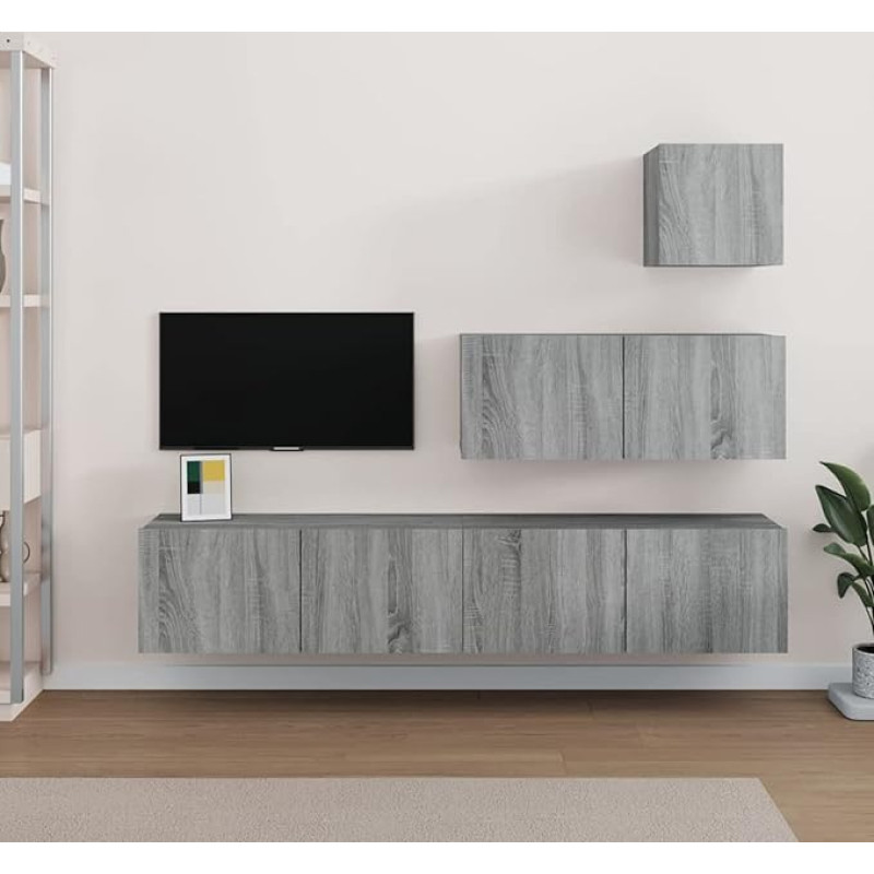 Homgoday TV-Möbel-Set, 4 Stück, Sonoma-Grau, aus mehrschichtigem Holz, TV-Schrank, Unterschrank für TV, Couchtisch, Wohnzimmer, TV-Schrank, für TV-Schränke, Wohnzimmer