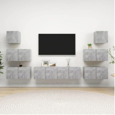 Homgoday TV-Schrank-Set, 8 Stück, Zementgrau aus Spanplatte, TV-Schrank, niedriger TV-Schrank, für Couchtisch, industrieller Couchtisch, TV-Halterung, Wohnzimmer, P