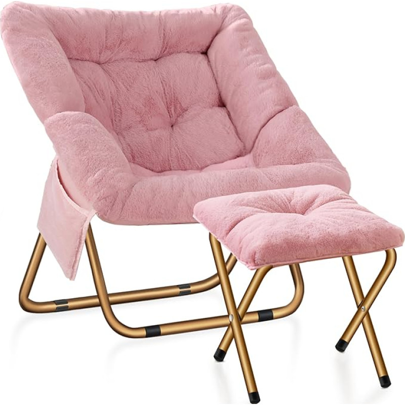 Kasunpul Comfortable Saucer Chair, Foldable Living Room Chair, Soft Faux Fur Lounge Chair for Bedroom, Reading Chairs for Adults Kids, XL (Pink)