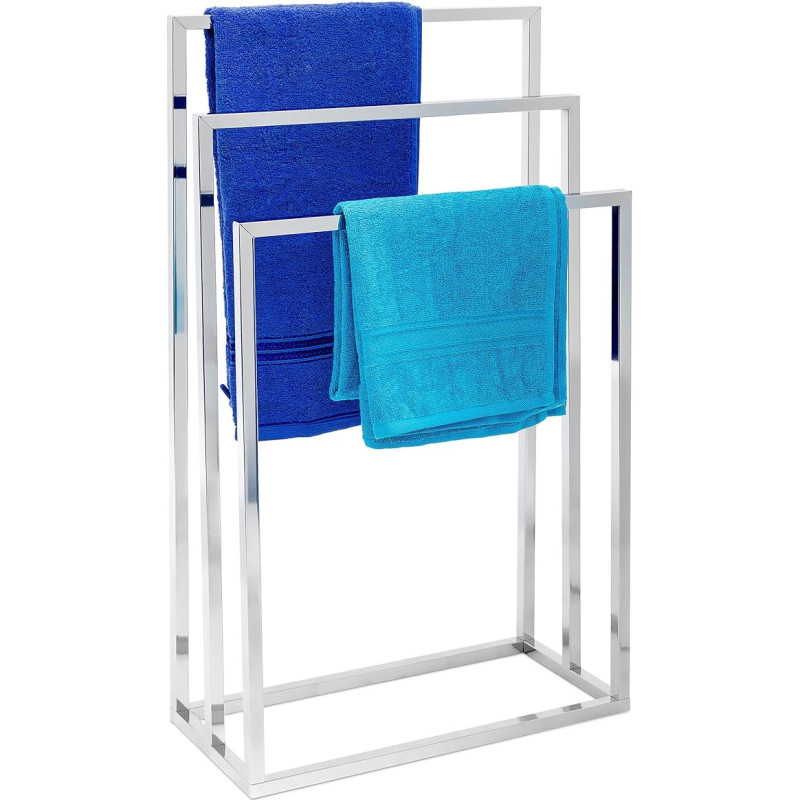 Relaxdays 10019256, 82.5 x 46 x 21 cm Metal 3 Arm Towel Stand Chrome-Plated Stainless Steel Towel Holder with 3 Rails Large Bath Towel, Modern Style, Metallic Silver