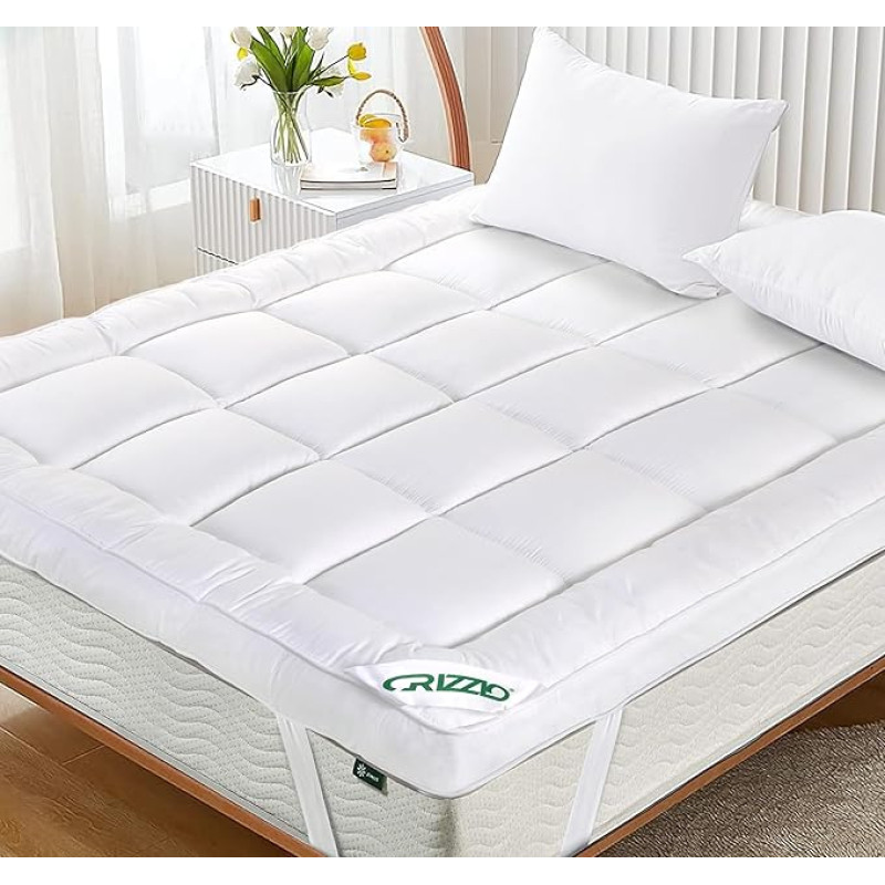 Crizzio® Luxury Mattress Topper 10cm Thick with Strong Elastic Bands Fits up to 40cm Brushed Microfiber Premium Hollowfibre Filling (King (150 x 200 cm + 10 cm)