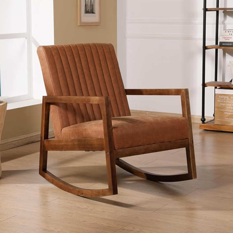 chairus Rocking Chair, Wooden Rocking Chair with Armrests, Faux Leather, Nursing Chair, Living Room, Bedroom, Padded Swing Chair, Retro Nursing Chair, Brown