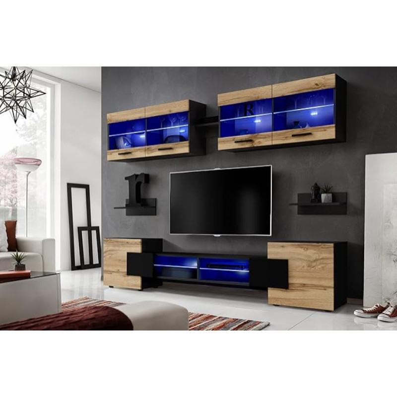 Komodee, RTV Foggia Living Room Wall Unit Set, Front in Wotan Matt/Casing in Matte Black, Width 230 cm x Height 195 cm x Depth 35 cm, Without LEDs, for Living Room, Bedroom