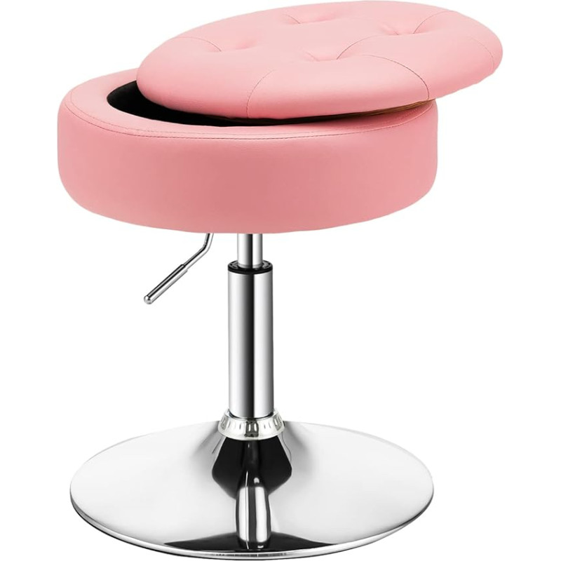 GIANTEX Makeup Stool 360° Rotatable & 51-66 cm Height Adjustable, Swivel Stool Ottoman with Removable Tray & Storage Space, PU Stool for Bedroom, Living Room, Bar (Pink)