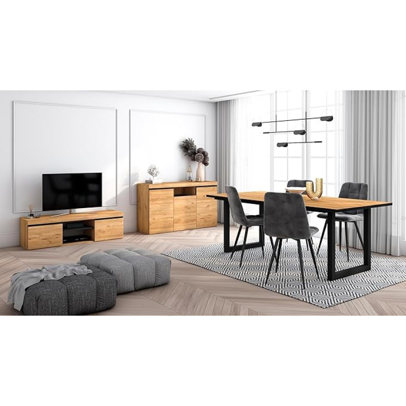 Skraut Home - Living Room Furniture Set | Table 200 Edge Black U-BLegs 10 People | Lowboard 140 | Sideboard/Buffet Cabinet 140 | Oak and Black | Industrial Style