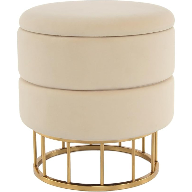 Qiyano Edina Stool with Storage Space, Cream, Modern, Round Upholstered Stool with Elegant Metal Frame, Versatile, Comfortable and Space-saving