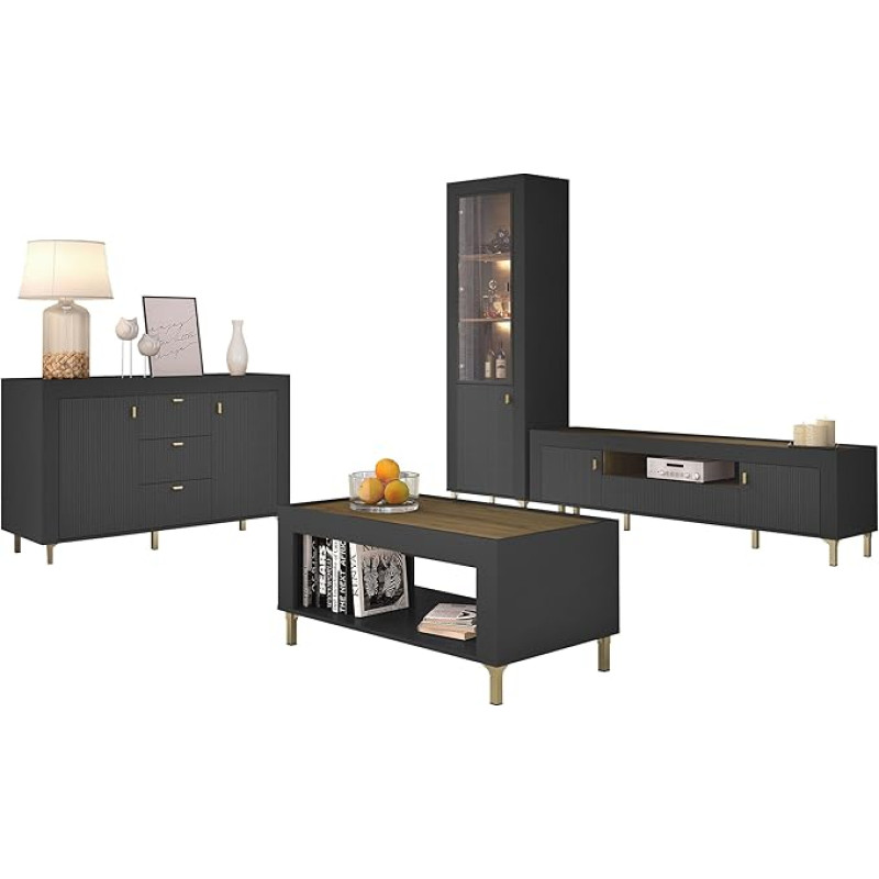 Mirjan24 Montik I Living Room Set, Wall Panel, Living Room Cabinet, Cabinet Wall, in Set: Standing Display Cabinet, Chest of Drawers, TV Cabinet, Coffee Table (Black, with Warm White LED Lighting)