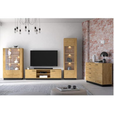 Living Room Set 4 Pieces Including LED Lighting, Lowboard, 2 Display Cabinets & Chest of Drawers, Modern with Soft Close, in Black Oak